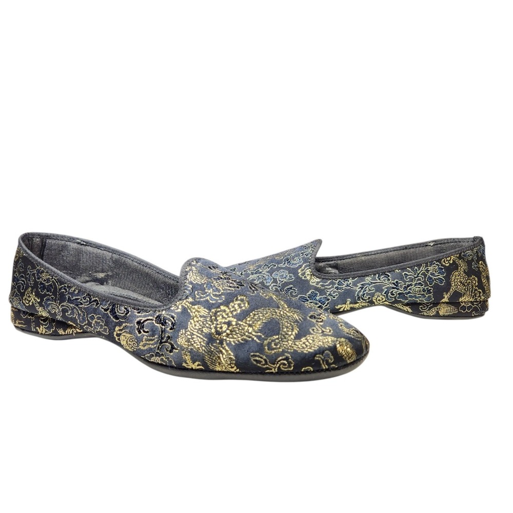 Vintage Chinese Dragon Brocade Smoking Slippers Navy Black Gold Jacquard Flats 9